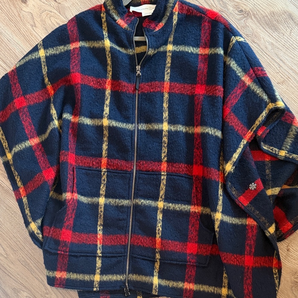 Treasure & Bond Plaid Cape Jacket - Red, Yellow, and Blue